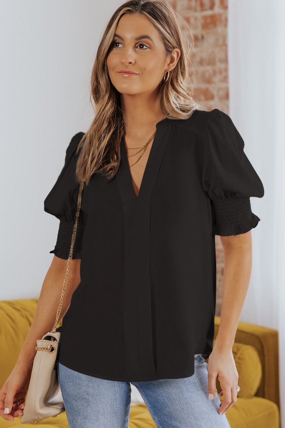 Black Solid Color Half Sleeve V Neck Blouse