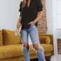 Black Solid Color Half Sleeve V Neck Blouse