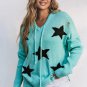 Green V Neck Star Pattern Hooded Sweater with Slits