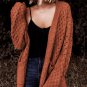 Brown Open Front Woven Texture Knitted Cardigan with Pockets