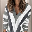 Gray Striped Colorblock V Neck Knitted Sweater