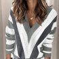 Gray Striped Colorblock V Neck Knitted Sweater