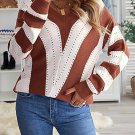 Brown Striped Colorblock V Neck Knitted Sweater
