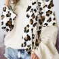 Beige Asymmetric Leopard Patchwork Wide Sleeve V Neck Sweater