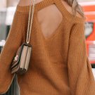 Brown Crew Neck Cold Shoulder Hollow Out Back Sweater
