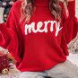 Red Merry Letter Embroidered High Neck Sweater