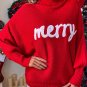 Red Merry Letter Embroidered High Neck Sweater