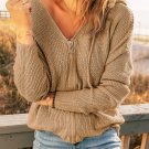 Khaki Zipper V Neck Dropped Sleeve Hooded Solid Sweater