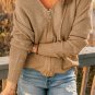Khaki Zipper V Neck Dropped Sleeve Hooded Solid Sweater