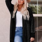 Black Plaid Knitted Long Open Front Cardigan