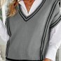 Gray V Neck Contrast Stripes Trims Short Sleeve Sweater