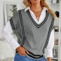 Gray V Neck Contrast Stripes Trims Short Sleeve Sweater