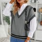 Gray V Neck Contrast Stripes Trims Short Sleeve Sweater