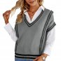 Gray V Neck Contrast Stripes Trims Short Sleeve Sweater