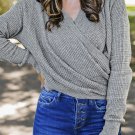 Gray Black/Pink/Gray/Khaki/Apricot Wrap V Neck Waffle Sweater
