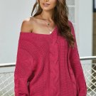 Rose Bubblegum V Neck Braided Knit Sweater