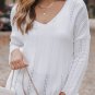 White Hollowed Detail Knitted Loose V Neck Sweater