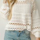 White Solid Color Pointelle Knit Puff Sleeve Sweater