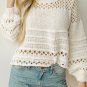 White Solid Color Pointelle Knit Puff Sleeve Sweater