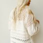 White Solid Color Pointelle Knit Puff Sleeve Sweater
