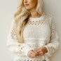 White Solid Color Pointelle Knit Puff Sleeve Sweater