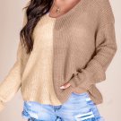 Khaki Long Sleeve V Neck Colorblock Sweater