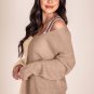 Khaki Long Sleeve V Neck Colorblock Sweater