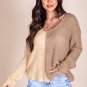 Khaki Long Sleeve V Neck Colorblock Sweater