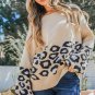 Khaki Leopard Patchwork Knitted Puff Sleeve Sweater