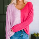 Pink Long Sleeve V Neck Colorblock Sweater