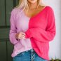 Pink Long Sleeve V Neck Colorblock Sweater