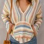 Multicolor Striped Knit Kangaroo Pocket Hooded Sweater