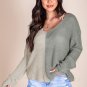 Gray Long Sleeve V Neck Colorblock Sweater