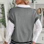 Gray V Neck Contrast Stripes Trims Short Sleeve Sweater
