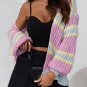 Pink Contrast Striped Open Front Cable Cardigan