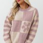 Orchid Petal Checkered Floral Print Striped Sleeve Sweater