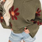 Sage Green Flower Knit Ribbed Trim V Neck Sweater