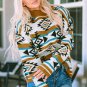 Brown Aztec Striped Knit Ribbed Trim Sweater