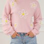 Pink Chenille Daisy Stitching Crew Neck Sweater