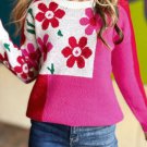 Rose Red Floral Mixed Color Block Sweater