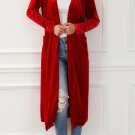 Fiery Red Velvet Open Front Pocketed Long Duster