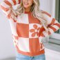Brown Checkered Floral Print Striped Sleeve Sweater