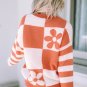 Brown Checkered Floral Print Striped Sleeve Sweater