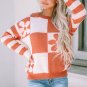 Brown Checkered Floral Print Striped Sleeve Sweater