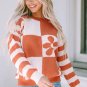 Brown Checkered Floral Print Striped Sleeve Sweater