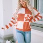 Brown Checkered Floral Print Striped Sleeve Sweater