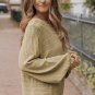 Apricot Lantern Sleeve Eyelets Textured Knit Sweater