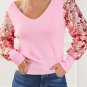 Pink Contrast Sequin Sleeve V Neck Ribbed Knit Sweater