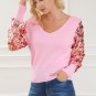 Pink Contrast Sequin Sleeve V Neck Ribbed Knit Sweater