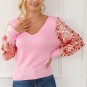 Pink Contrast Sequin Sleeve V Neck Ribbed Knit Sweater